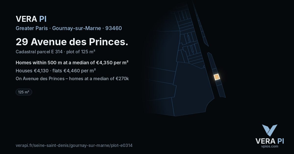 29 Avenue des Princes, Gournay-sur-Marne at night – the plot lit, the parcels around coloured by the prices near them