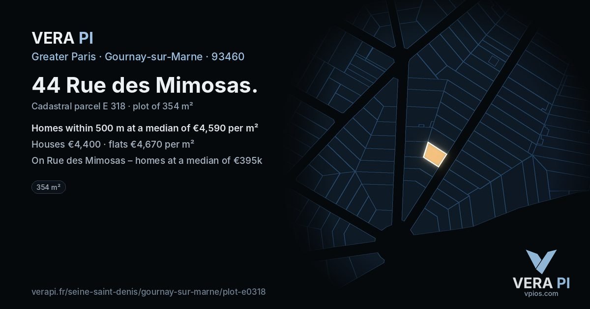 44 Rue des Mimosas, Gournay-sur-Marne at night – the plot lit, the parcels around coloured by the prices near them