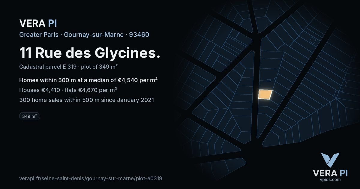 11 Rue des Glycines, Gournay-sur-Marne at night – the plot lit, the parcels around coloured by the prices near them