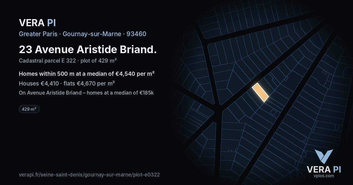 23 Avenue Aristide Briand, Gournay-sur-Marne at night – the plot lit, the parcels around coloured by the prices near them