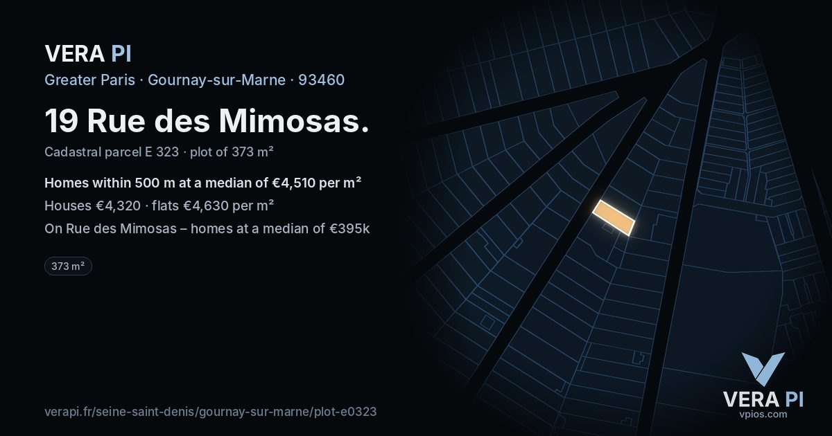 19 Rue des Mimosas, Gournay-sur-Marne at night – the plot lit, the parcels around coloured by the prices near them
