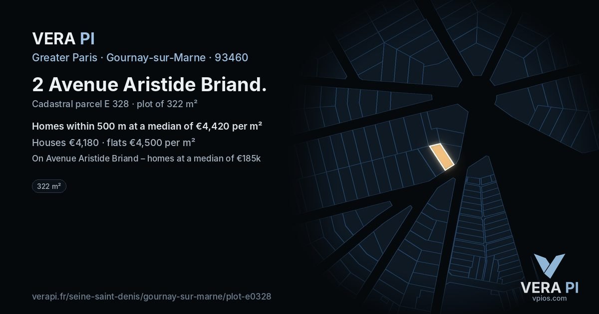 2 Avenue Aristide Briand, Gournay-sur-Marne at night – the plot lit, the parcels around coloured by the prices near them