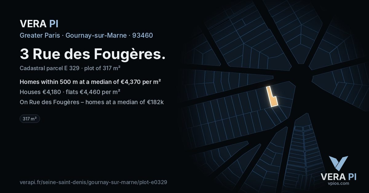 3 Rue des Fougères, Gournay-sur-Marne at night – the plot lit, the parcels around coloured by the prices near them