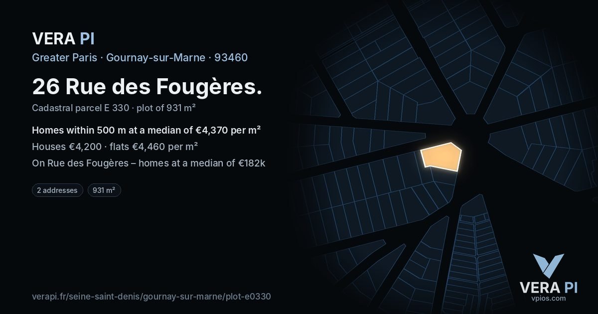 26 Rue des Fougères, Gournay-sur-Marne at night – the plot lit, the parcels around coloured by the prices near them