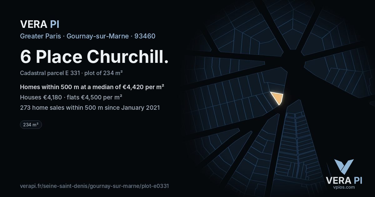 6 Place Churchill, Gournay-sur-Marne at night – the plot lit, the parcels around coloured by the prices near them