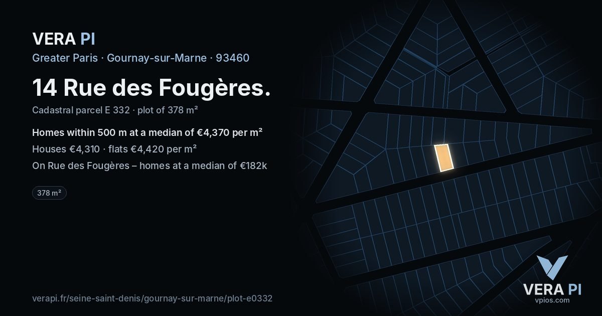 14 Rue des Fougères, Gournay-sur-Marne at night – the plot lit, the parcels around coloured by the prices near them