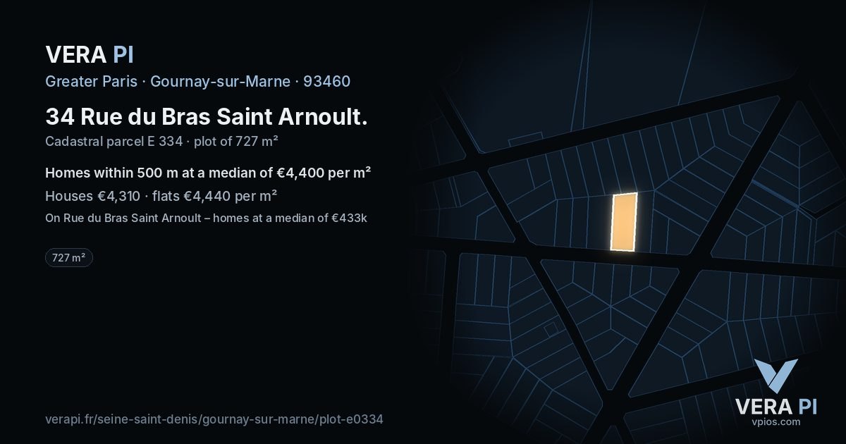 34 Rue du Bras Saint Arnoult, Gournay-sur-Marne at night – the plot lit, the parcels around coloured by the prices near them