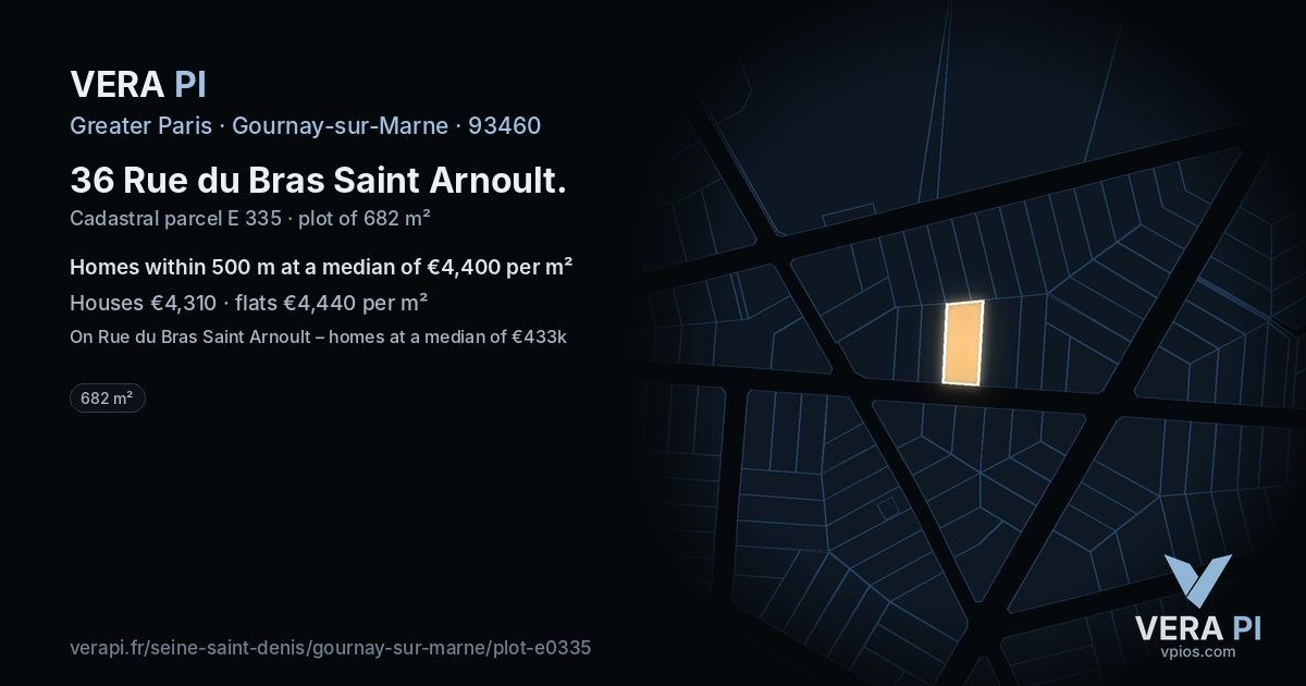 36 Rue du Bras Saint Arnoult, Gournay-sur-Marne at night – the plot lit, the parcels around coloured by the prices near them