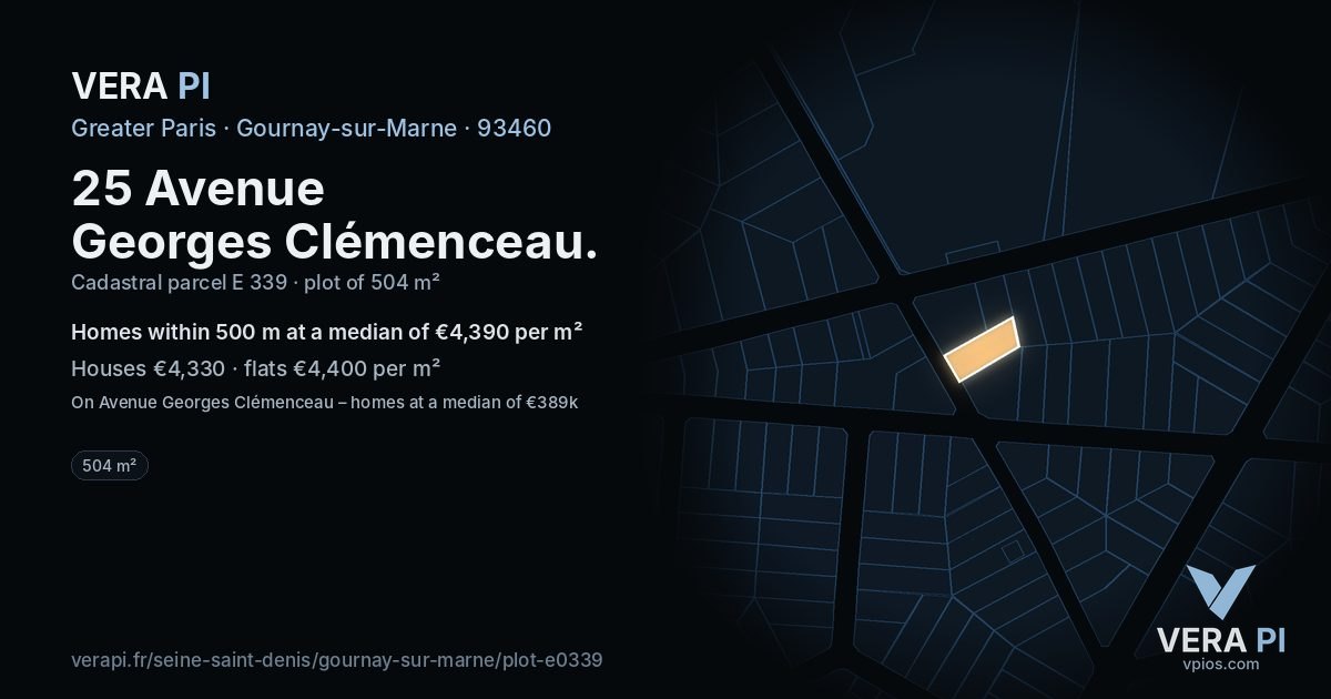 25 Avenue Georges Clémenceau, Gournay-sur-Marne at night – the plot lit, the parcels around coloured by the prices near them