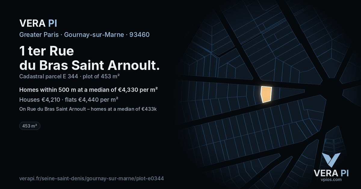 1 ter Rue du Bras Saint Arnoult, Gournay-sur-Marne at night – the plot lit, the parcels around coloured by the prices near them