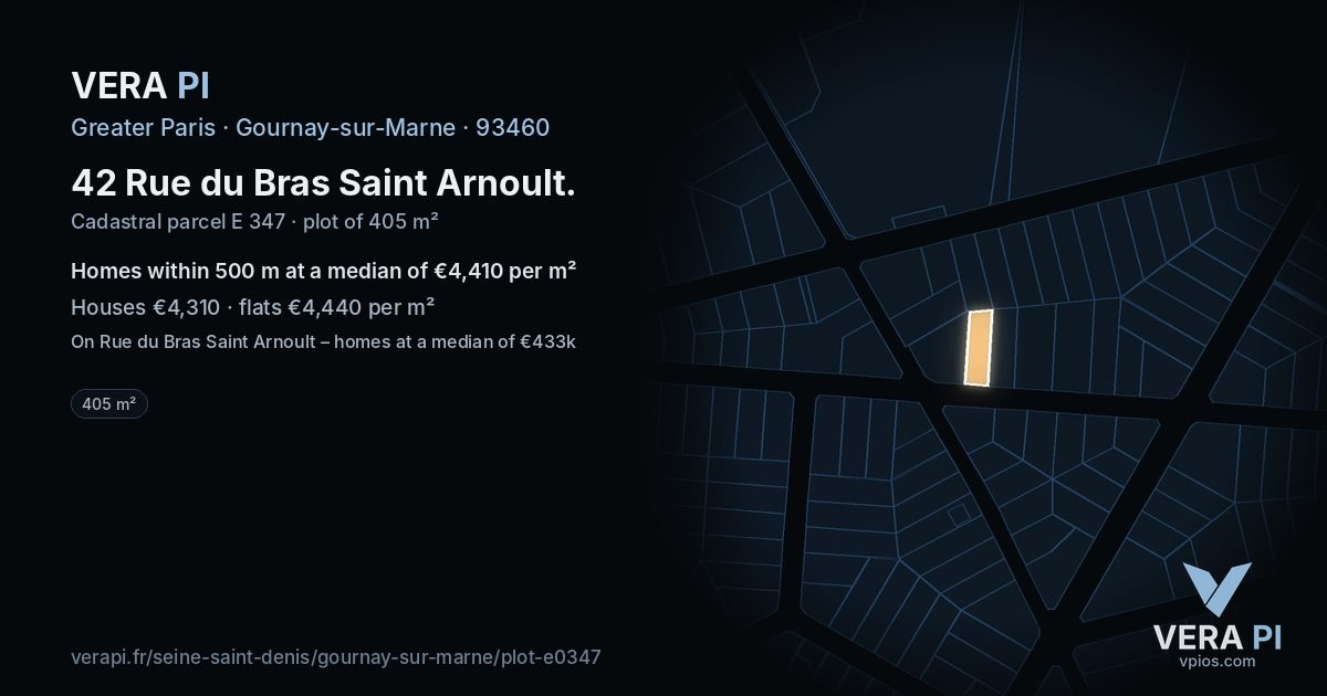 42 Rue du Bras Saint Arnoult, Gournay-sur-Marne at night – the plot lit, the parcels around coloured by the prices near them