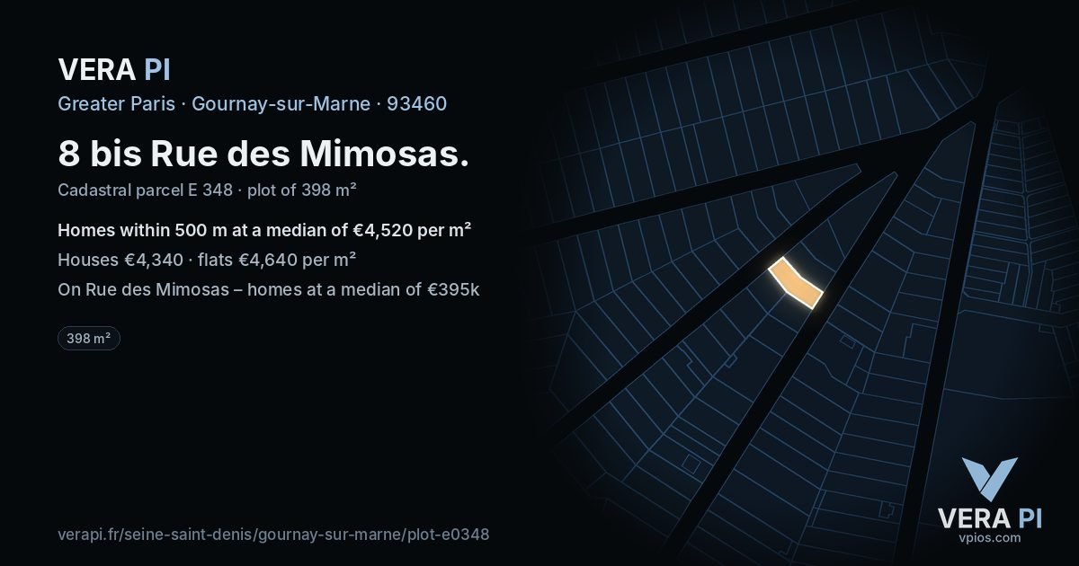 8 bis Rue des Mimosas, Gournay-sur-Marne at night – the plot lit, the parcels around coloured by the prices near them
