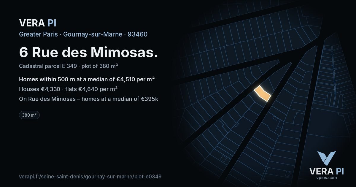 6 Rue des Mimosas, Gournay-sur-Marne at night – the plot lit, the parcels around coloured by the prices near them