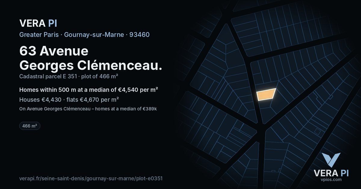 63 Avenue Georges Clémenceau, Gournay-sur-Marne at night – the plot lit, the parcels around coloured by the prices near them