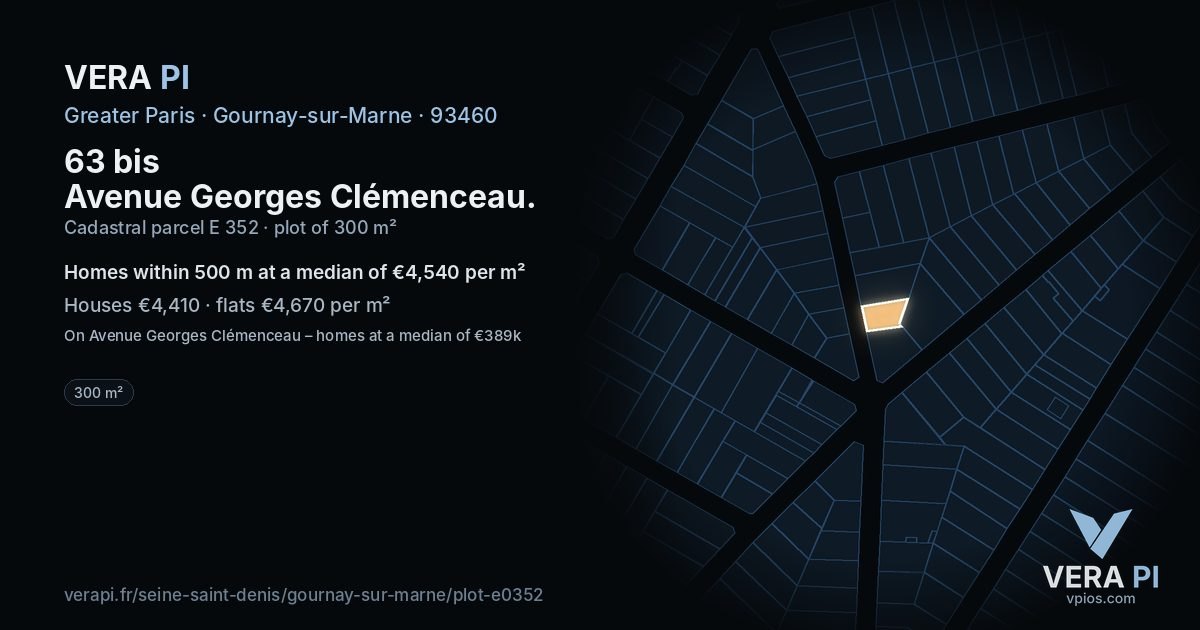 63 bis Avenue Georges Clémenceau, Gournay-sur-Marne at night – the plot lit, the parcels around coloured by the prices near them