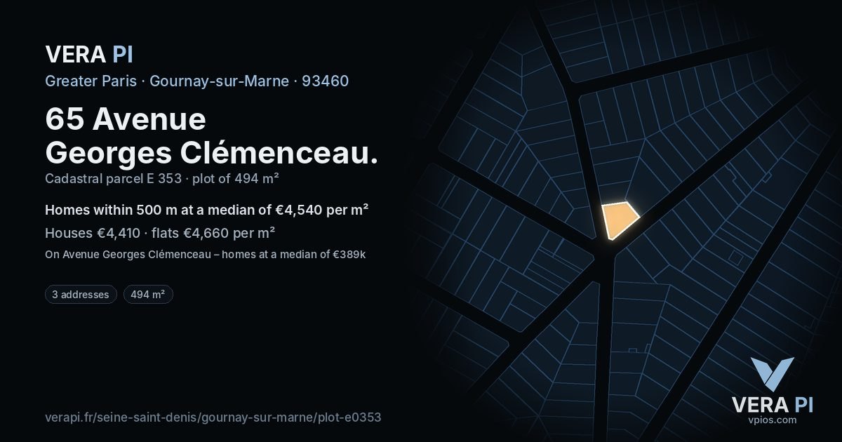 65 Avenue Georges Clémenceau, Gournay-sur-Marne at night – the plot lit, the parcels around coloured by the prices near them