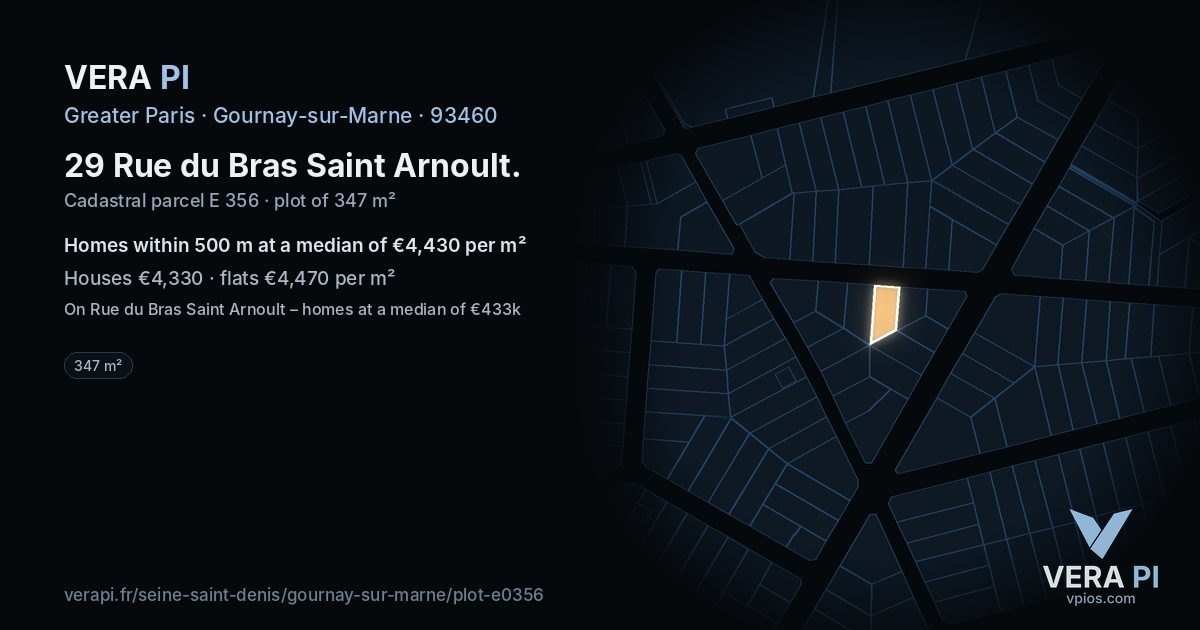 29 Rue du Bras Saint Arnoult, Gournay-sur-Marne at night – the plot lit, the parcels around coloured by the prices near them