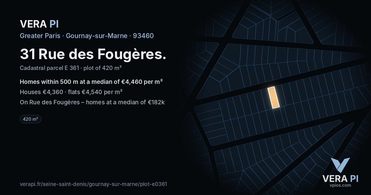 31 Rue des Fougères, Gournay-sur-Marne at night – the plot lit, the parcels around coloured by the prices near them