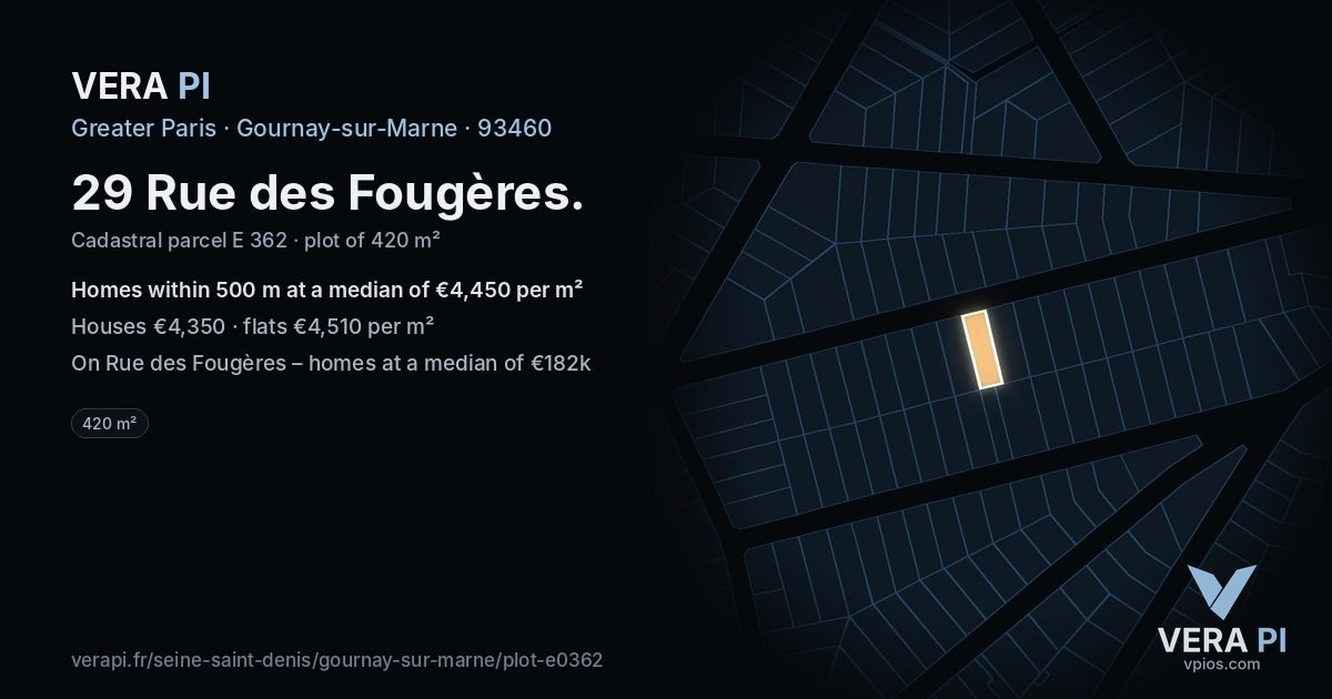 29 Rue des Fougères, Gournay-sur-Marne at night – the plot lit, the parcels around coloured by the prices near them