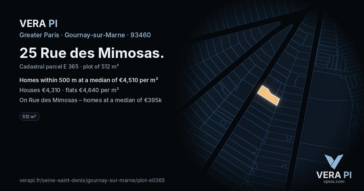 25 Rue des Mimosas, Gournay-sur-Marne at night – the plot lit, the parcels around coloured by the prices near them