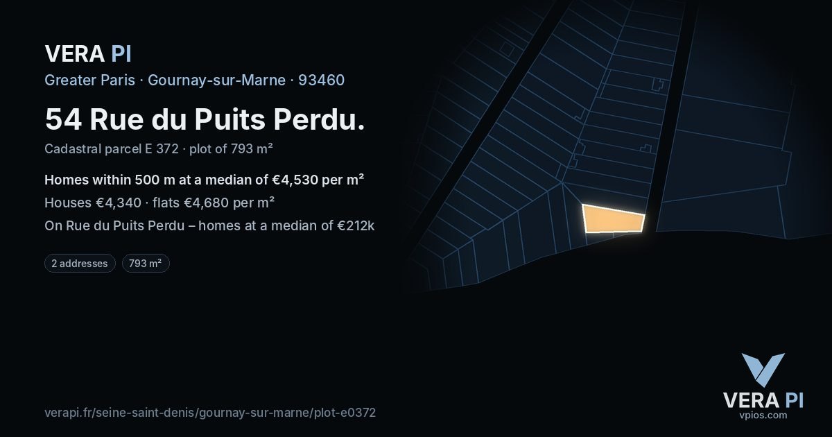 54 Rue du Puits Perdu, Gournay-sur-Marne at night – the plot lit, the parcels around coloured by the prices near them