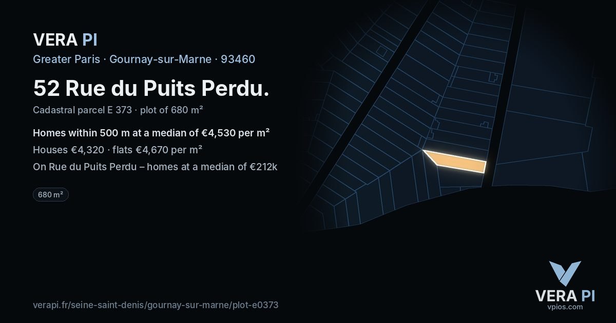 52 Rue du Puits Perdu, Gournay-sur-Marne at night – the plot lit, the parcels around coloured by the prices near them