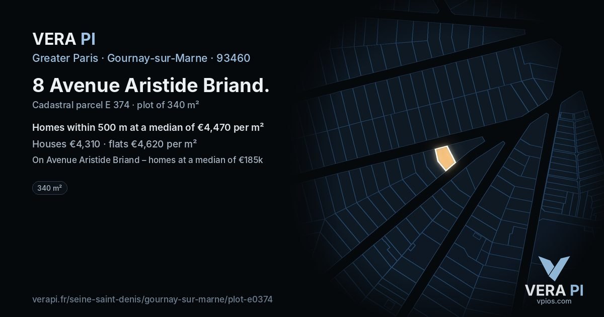 8 Avenue Aristide Briand, Gournay-sur-Marne at night – the plot lit, the parcels around coloured by the prices near them