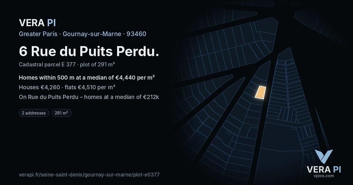 6 Rue du Puits Perdu, Gournay-sur-Marne at night – the plot lit, the parcels around coloured by the prices near them
