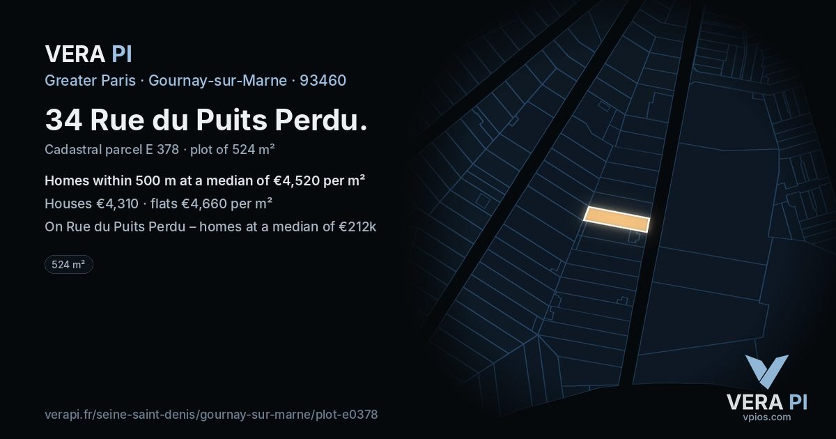 34 Rue du Puits Perdu, Gournay-sur-Marne at night – the plot lit, the parcels around coloured by the prices near them