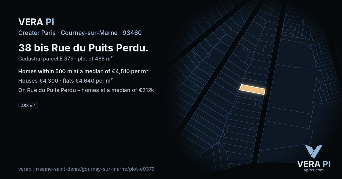 38 bis Rue du Puits Perdu, Gournay-sur-Marne at night – the plot lit, the parcels around coloured by the prices near them