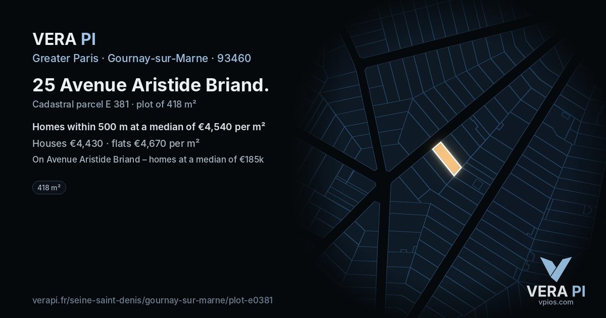 25 Avenue Aristide Briand, Gournay-sur-Marne at night – the plot lit, the parcels around coloured by the prices near them
