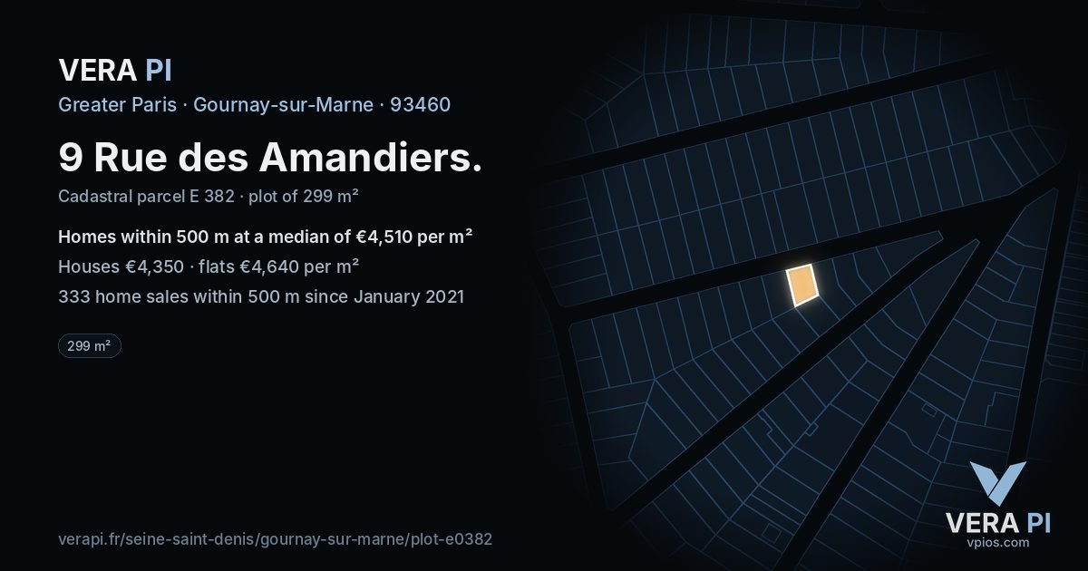 9 Rue des Amandiers, Gournay-sur-Marne at night – the plot lit, the parcels around coloured by the prices near them