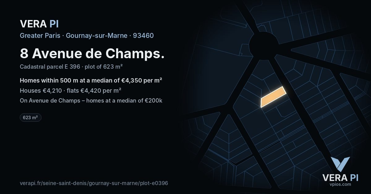 8 Avenue de Champs, Gournay-sur-Marne at night – the plot lit, the parcels around coloured by the prices near them