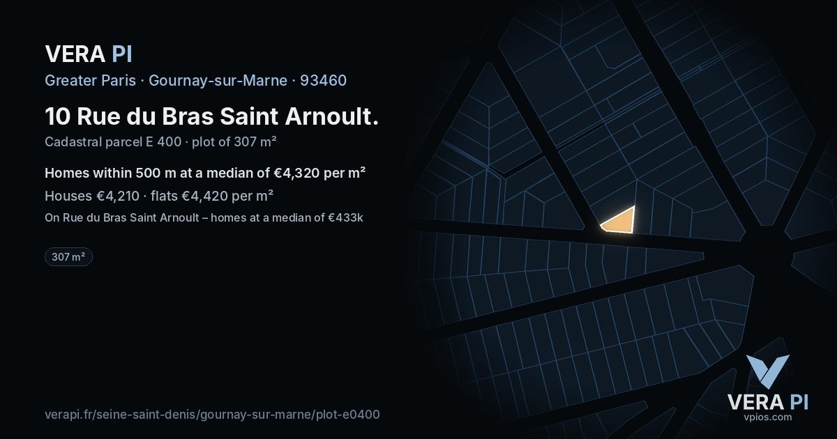 10 Rue du Bras Saint Arnoult, Gournay-sur-Marne at night – the plot lit, the parcels around coloured by the prices near them