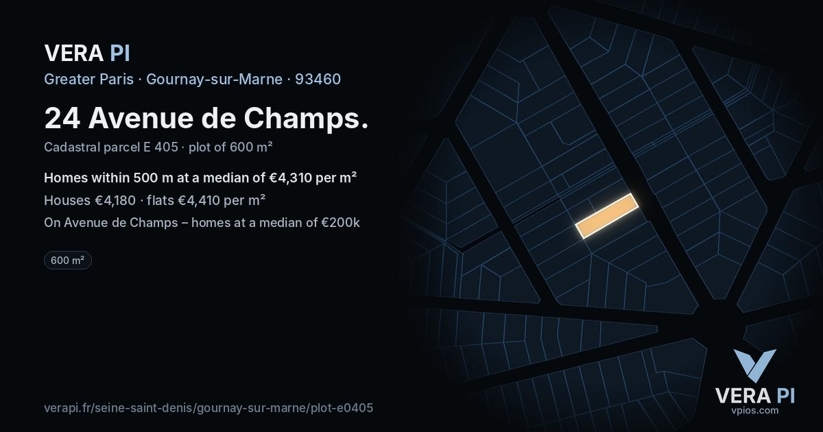 24 Avenue de Champs, Gournay-sur-Marne at night – the plot lit, the parcels around coloured by the prices near them