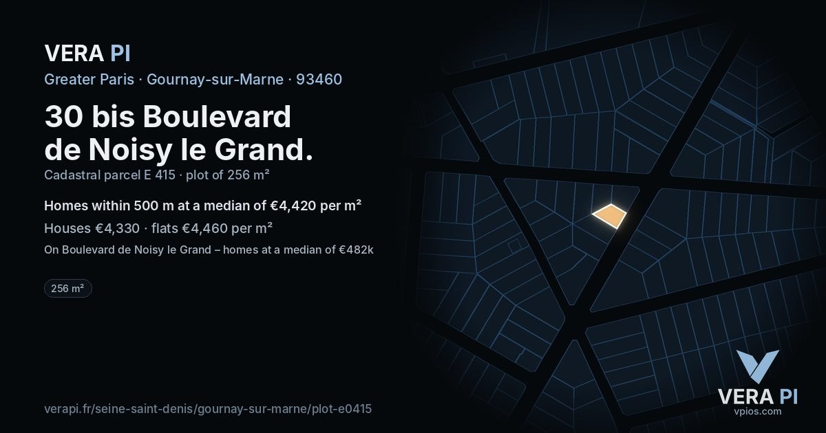 30 bis Boulevard de Noisy le Grand, Gournay-sur-Marne at night – the plot lit, the parcels around coloured by the prices near them