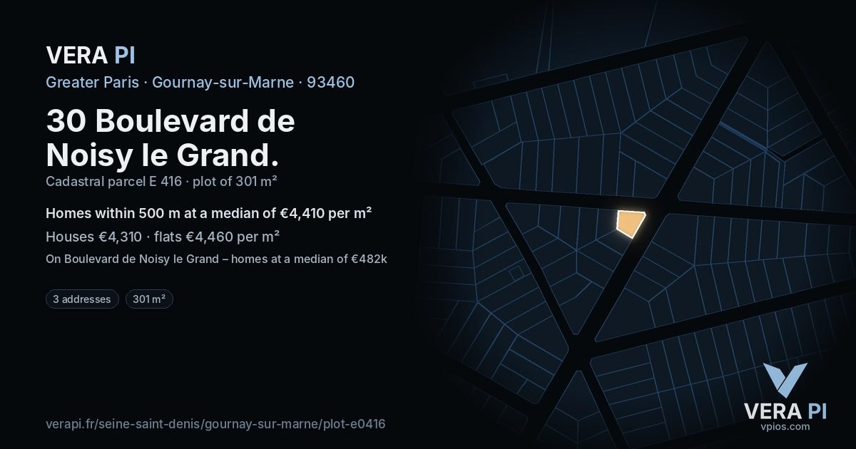 30 Boulevard de Noisy le Grand, Gournay-sur-Marne at night – the plot lit, the parcels around coloured by the prices near them