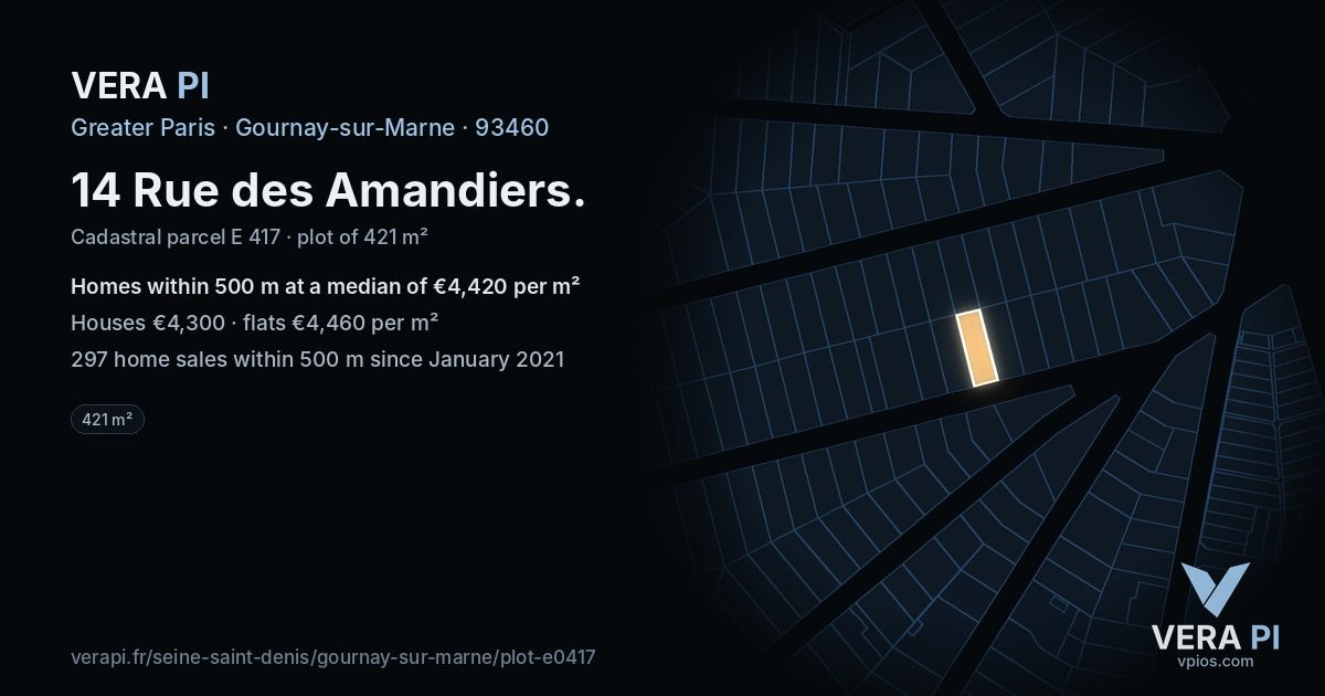 14 Rue des Amandiers, Gournay-sur-Marne at night – the plot lit, the parcels around coloured by the prices near them