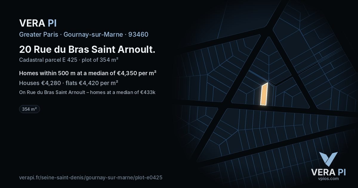 20 Rue du Bras Saint Arnoult, Gournay-sur-Marne at night – the plot lit, the parcels around coloured by the prices near them