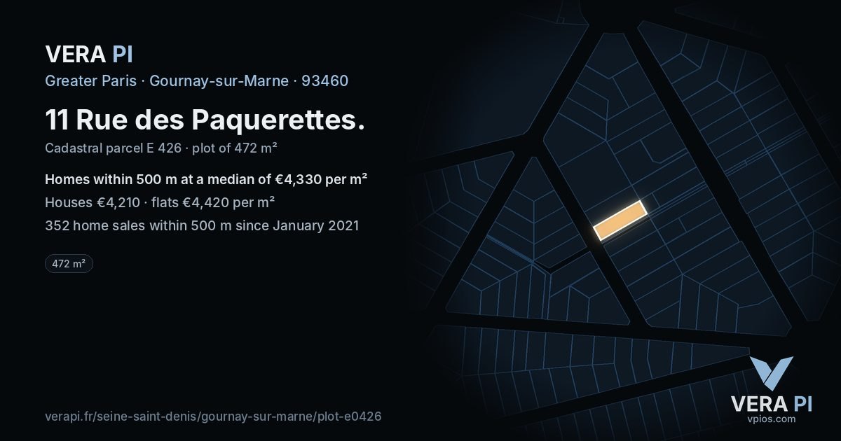 11 Rue des Paquerettes, Gournay-sur-Marne at night – the plot lit, the parcels around coloured by the prices near them