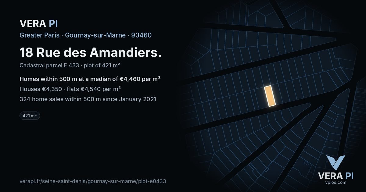 18 Rue des Amandiers, Gournay-sur-Marne at night – the plot lit, the parcels around coloured by the prices near them