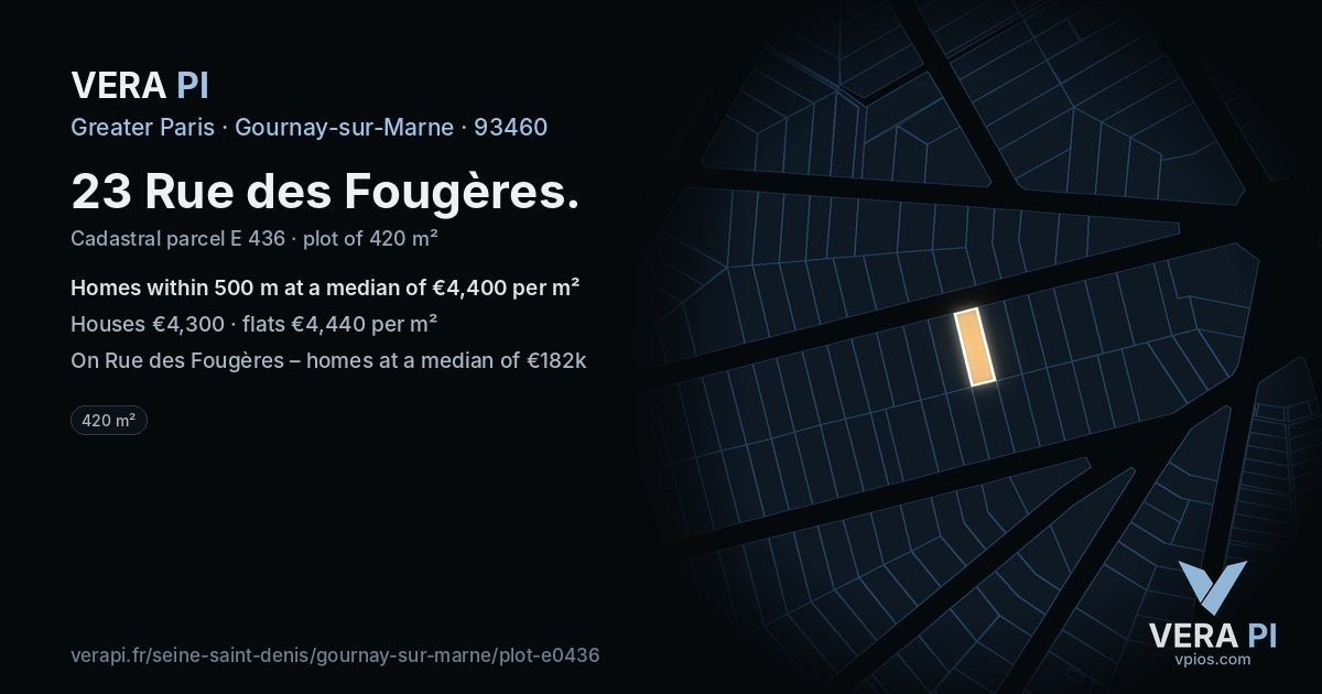 23 Rue des Fougères, Gournay-sur-Marne at night – the plot lit, the parcels around coloured by the prices near them