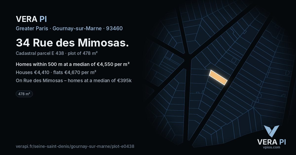 34 Rue des Mimosas, Gournay-sur-Marne at night – the plot lit, the parcels around coloured by the prices near them