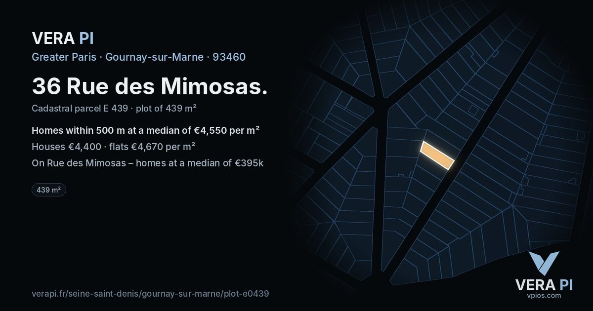 36 Rue des Mimosas, Gournay-sur-Marne at night – the plot lit, the parcels around coloured by the prices near them