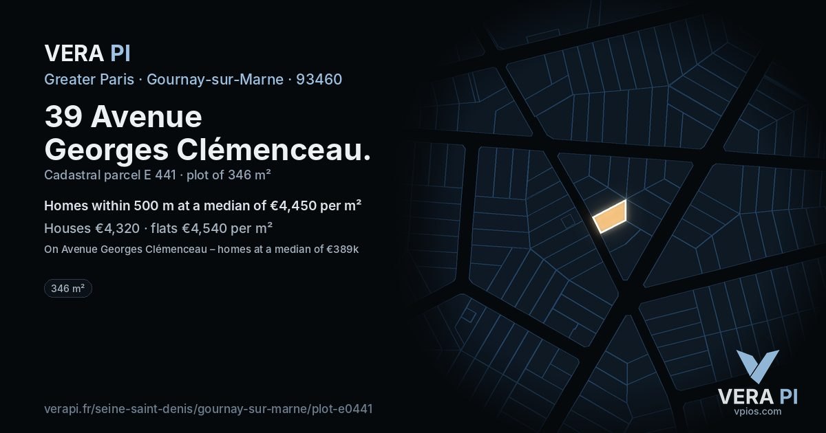 39 Avenue Georges Clémenceau, Gournay-sur-Marne at night – the plot lit, the parcels around coloured by the prices near them