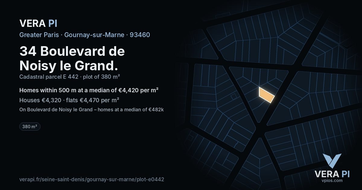 34 Boulevard de Noisy le Grand, Gournay-sur-Marne at night – the plot lit, the parcels around coloured by the prices near them