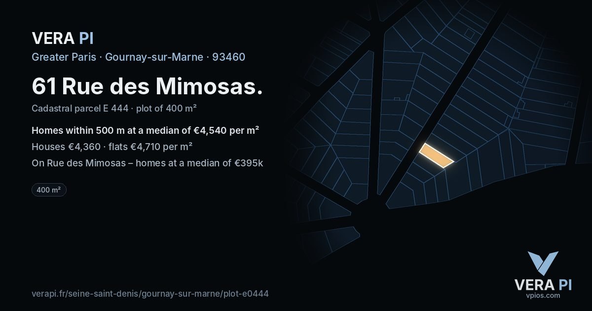 61 Rue des Mimosas, Gournay-sur-Marne at night – the plot lit, the parcels around coloured by the prices near them