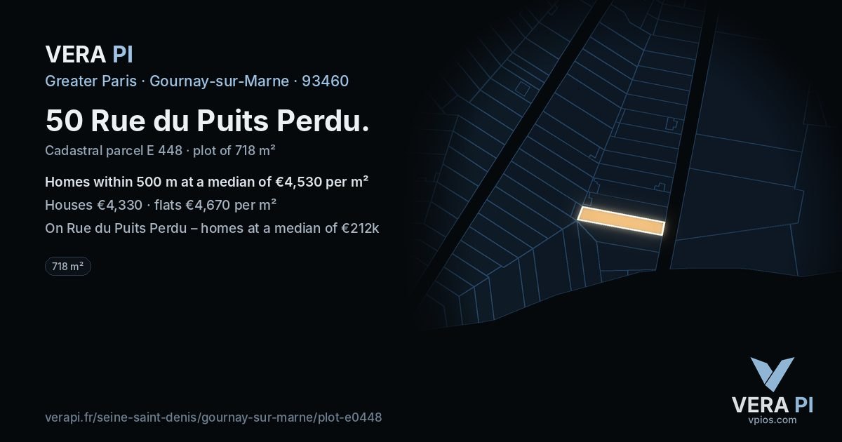 50 Rue du Puits Perdu, Gournay-sur-Marne at night – the plot lit, the parcels around coloured by the prices near them