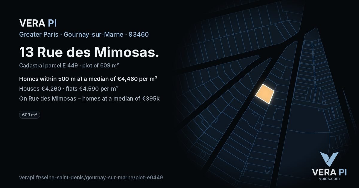 13 Rue des Mimosas, Gournay-sur-Marne at night – the plot lit, the parcels around coloured by the prices near them