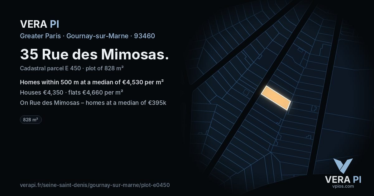 35 Rue des Mimosas, Gournay-sur-Marne at night – the plot lit, the parcels around coloured by the prices near them
